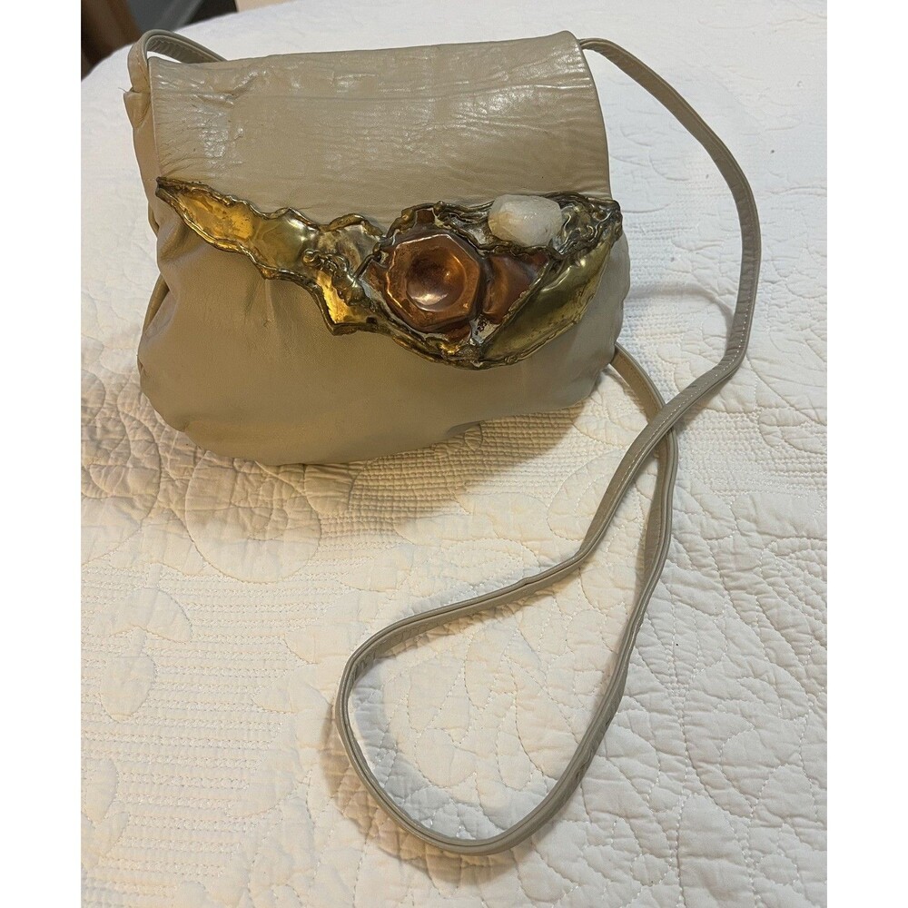 FANCY NANCY BRUTALIST 80’s PURSE BRAZIL LEATHER SIGNED MIXED METAL QUARTZ